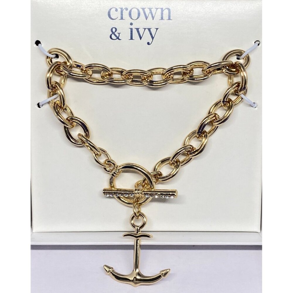 NIB Crown & Ivy Boxed Gold-Tone Single Anchor Charm Link Bracelet Rhinestone